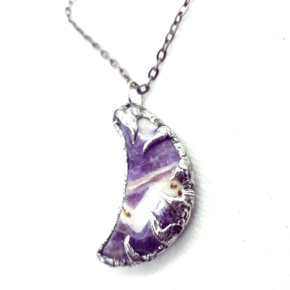 Chevron amethyst moon crystal necklace handmade gothic fantasy metalwork - Picture 14 of 16